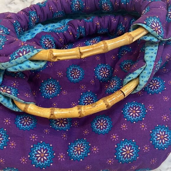 Purple and Teal Bohemian Floral Shoulder Bag with Wooden Handles - Picture 3 of 7